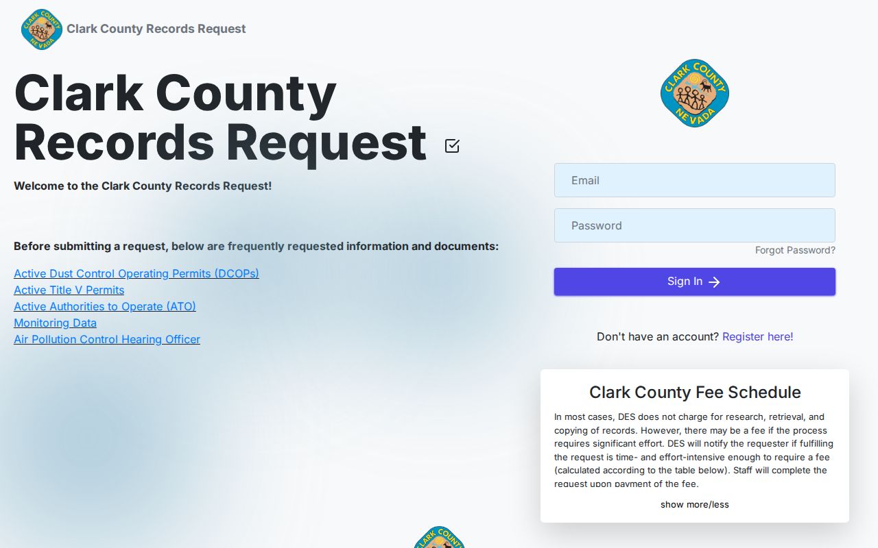 Clark County public records request portal login and fee notice